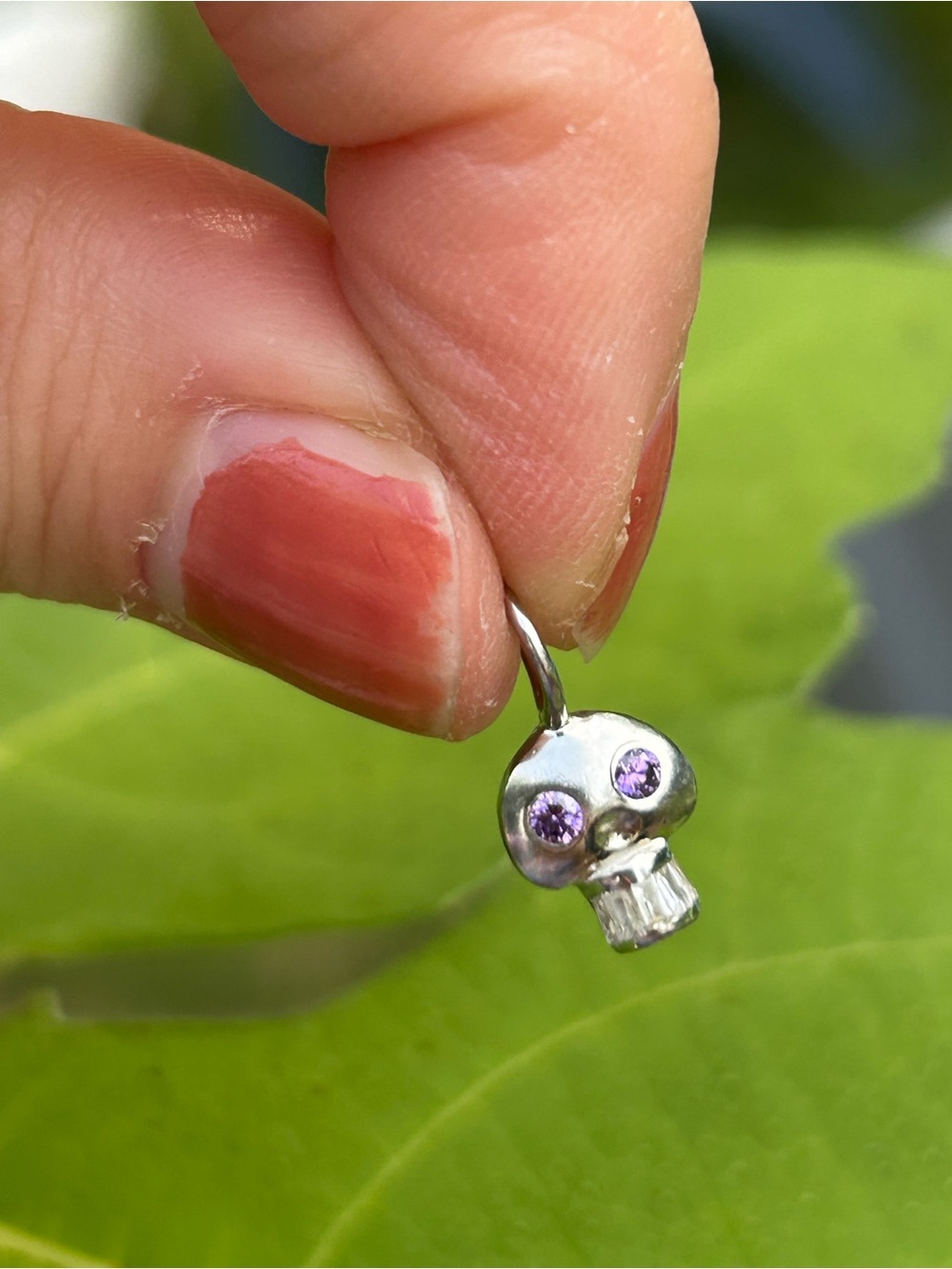 Skull Charm - Sterling Silver Pendant with Amethyst Purple Gem Eyes and Topaz